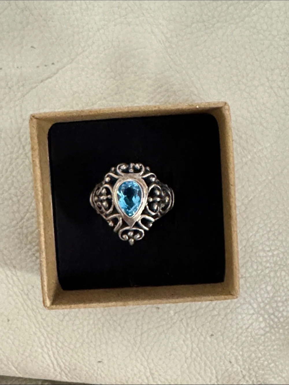 Sterling silver  Filigree Ring with topaz Teardrop BlueStone.